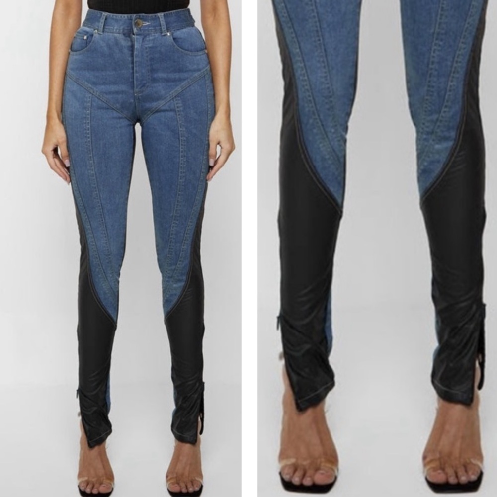 NWT Maniere De Voir Blue/Black Panel Skinny Jeans Faux Leather Zip Fly SZ 2